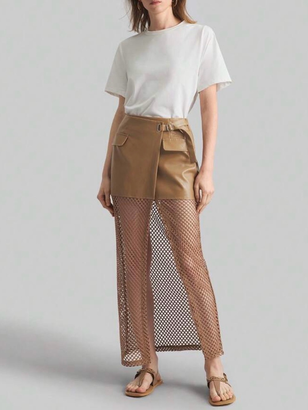 Faux Leather Mini Skirt with Mesh Maxi Overlay - Tan